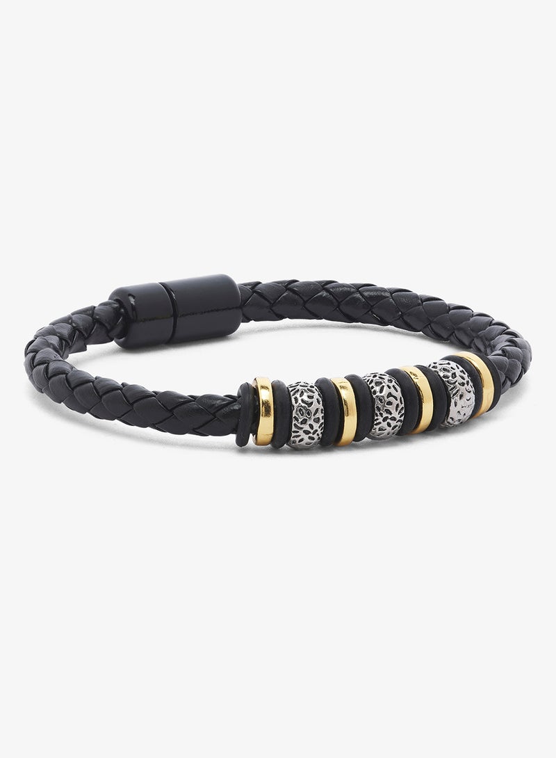 Seventy Five Braided Leather & Metal Bead With Magnetic Clasp Bracelet - Image 1